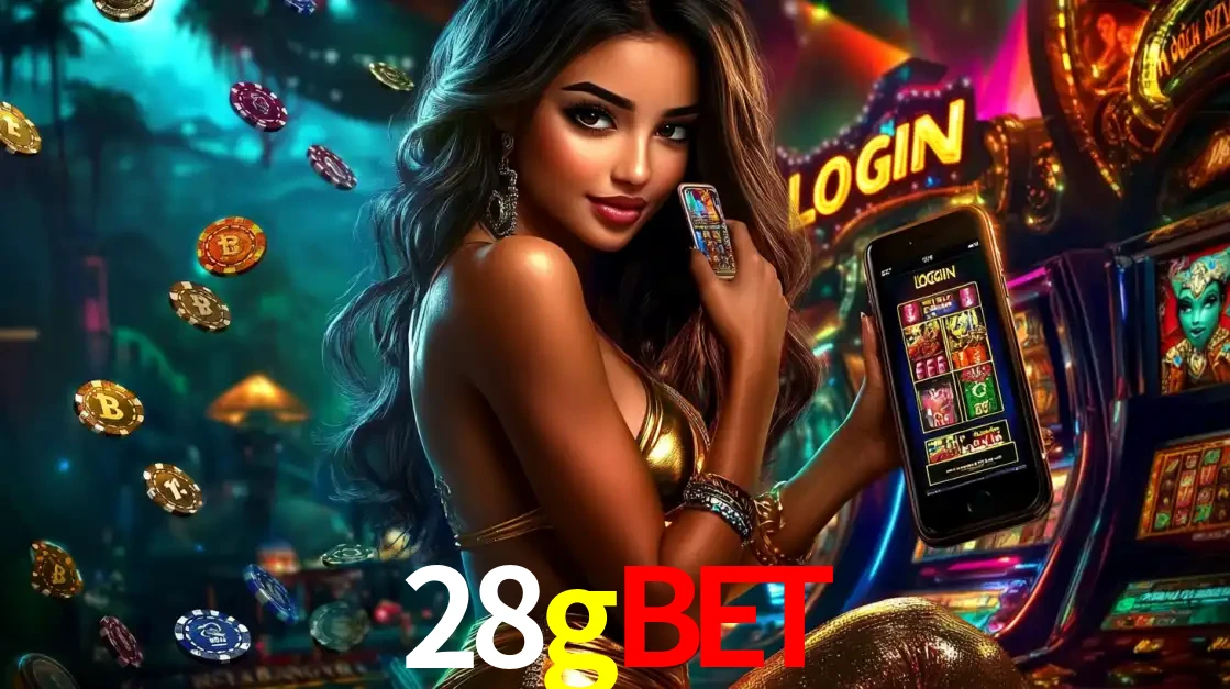 Mulher em um cenário de cassino temático de aventura, mostrando o app de caça-níqueis da 28gbet no celular. Fichas de apostas flutuam ao redor.