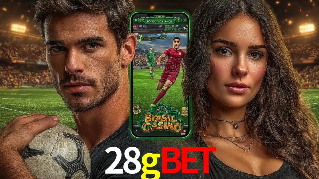 Homem segurando uma bola de futebol e uma mulher ao lado de um smartphone exibindo o jogo de apostas esportivas da 28gbet. Faça seu palpite no cassino online.